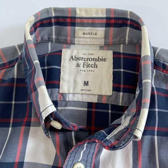 Abercrombie & Fitch Vintage Y2K Muscle Fit Plaid Button Down Shirt Navy Red (M) - Picture 7 of 10